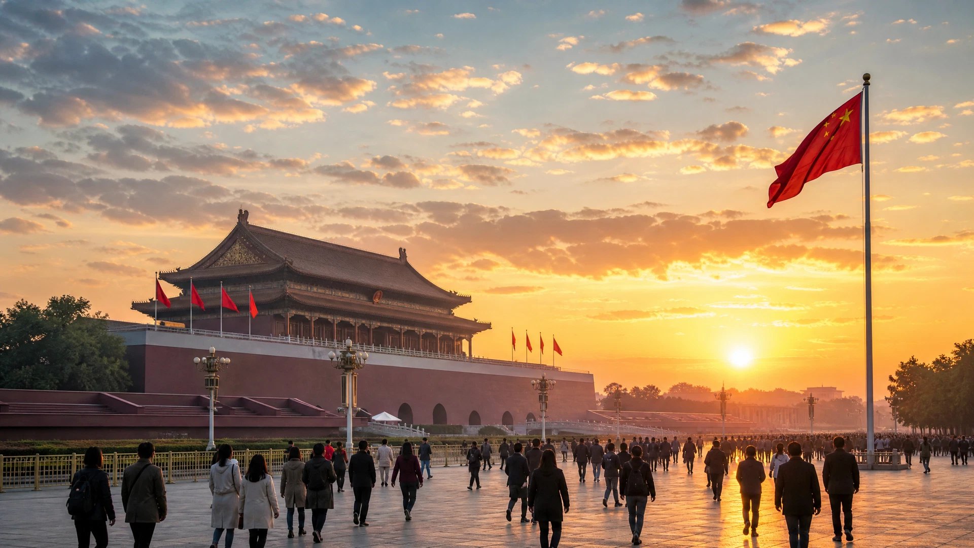 晨光中的城市广场，旗帜飘扬，气氛庄重向上